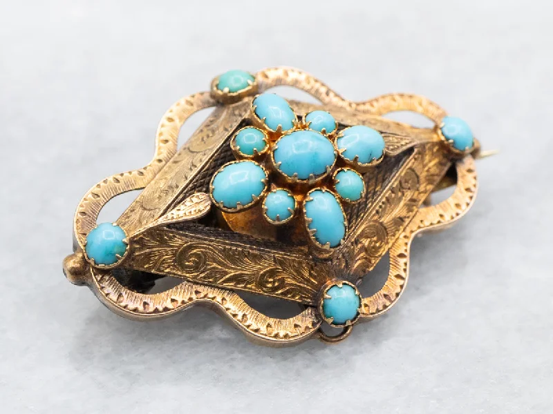 multi-color gemstone brooches -Yellow Gold Turquoise Brooch with Etched Botanical Details