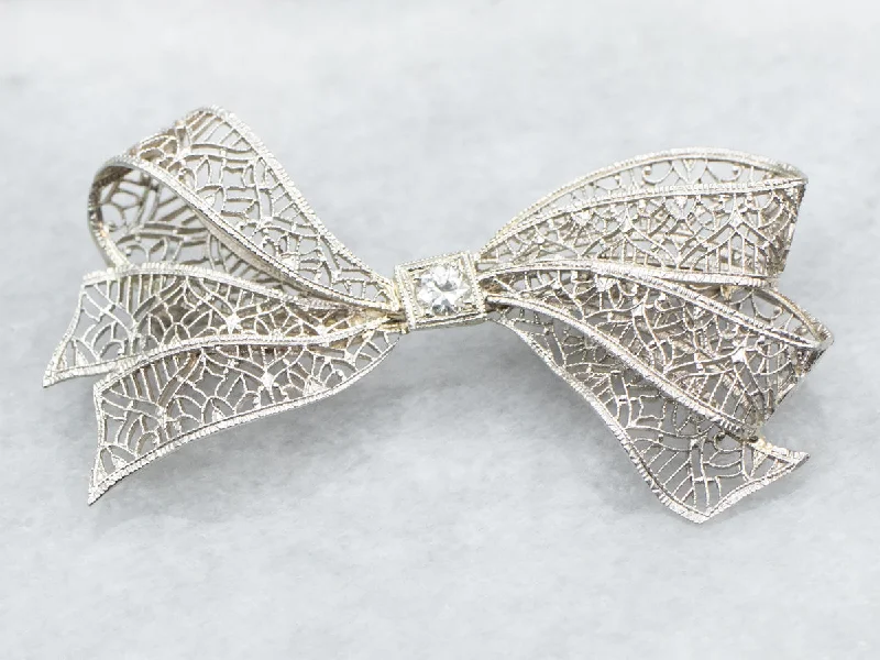 sparkling brooches for women -European Cut Diamond Filigree Bow Brooch