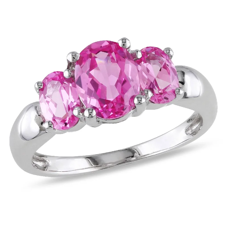 gold wedding bands for women -Miadora 3 1/6ct TGW Oval Cut Created Pink Sapphire 3-Stone Ring in Sterling Silver