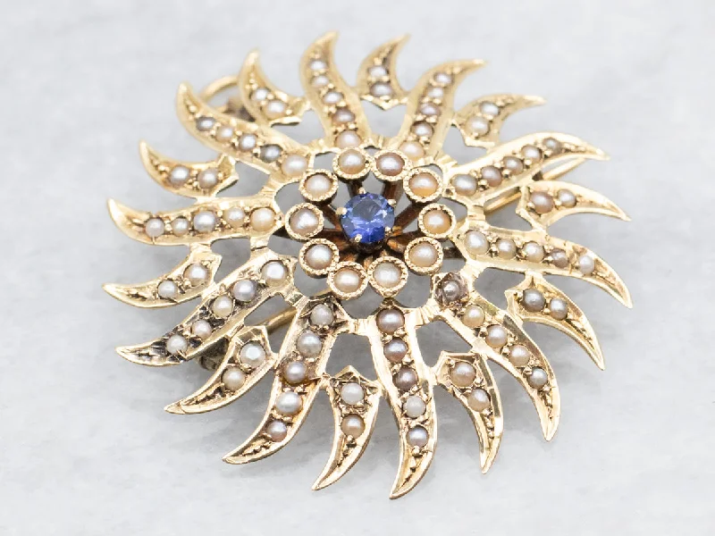 minimalist brooches for women -Antique Sapphire and Seed Pearl Starburst Brooch or Pendant