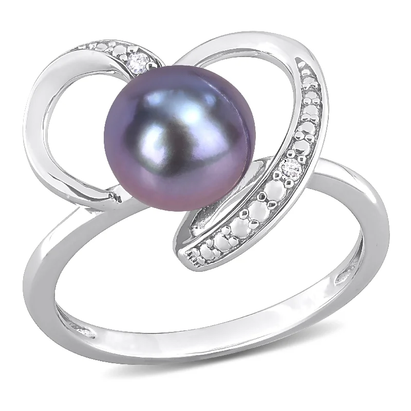 chunky rings for women -Miadora 8-8.5mm Black Cultured Freshwater Pearl and Diamond Accent Heart Ring in Sterling Silver