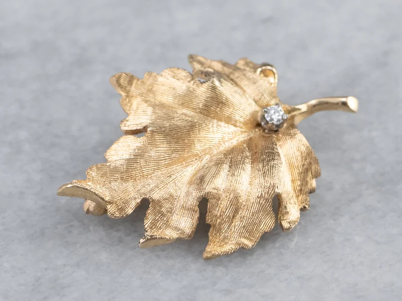 luxury brooches for evening wear -Realistic Gold Diamond Leaf Brooch