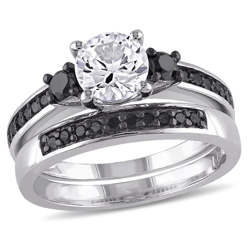 luxury diamond wedding rings -Miadora Sterling Silver Created White Sapphire and 2/ 5ct TDW Black Diamond Bridal Ring Set