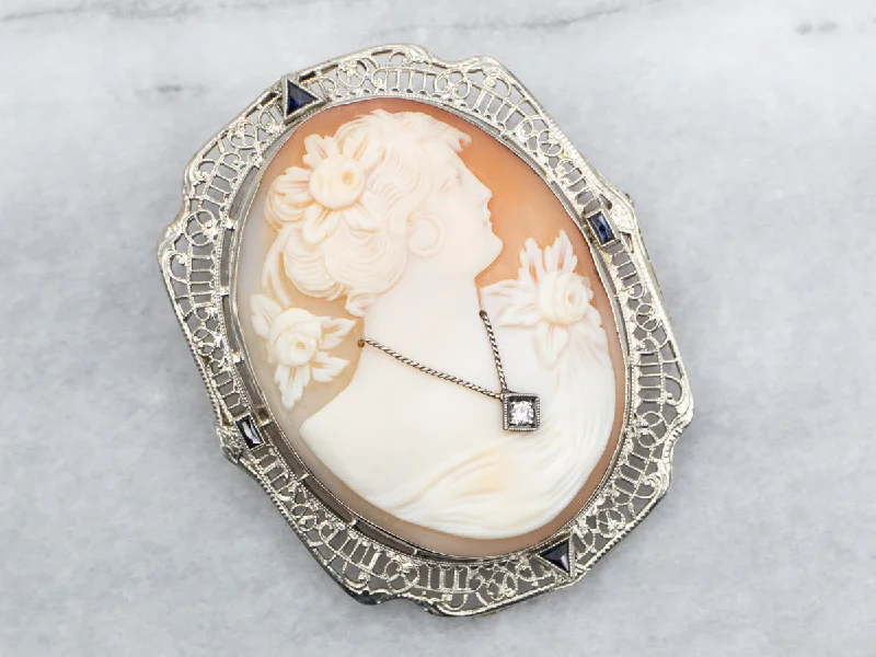 silk brooches for women -Cameo, Diamond, and Sapphire Brooch or Pendant