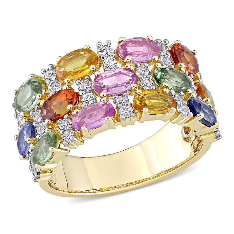 vintage engagement rings -Miadora 4 1/3ct TGW Multi-Color Sapphire Triple Row Ring in 14k Yellow Gold