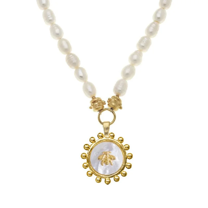 sapphire necklaces for women -Mother of Pearl Bee Necklace on Freshwater Pearls