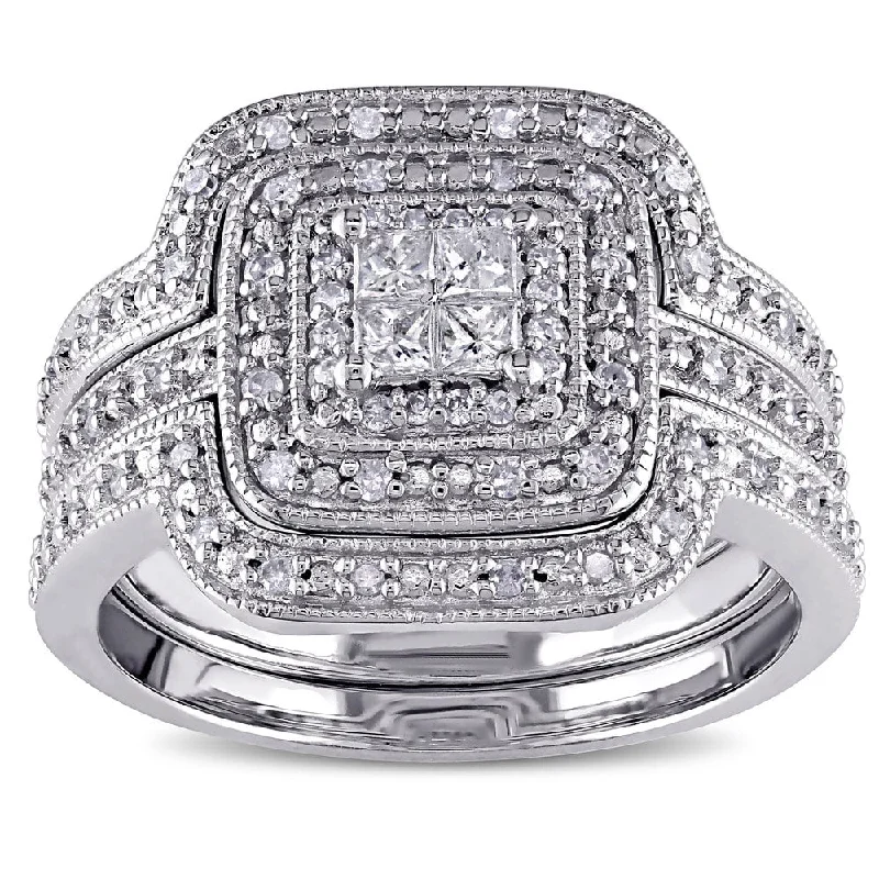 stackable rings for women -Miadora Sterling Silver 3/8ct TDW Diamond Princess-cut Halo 3-piece Bridal Ring Set