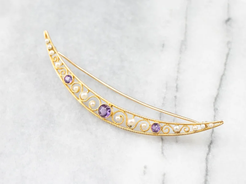 luxury brooches for women -Amethyst and Pearl Crescent Moon Brooch