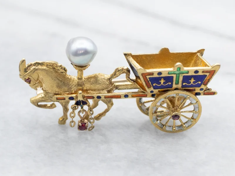 rose gold brooches -Yellow Gold Enamel and Pearl Horse and Carriage Brooch