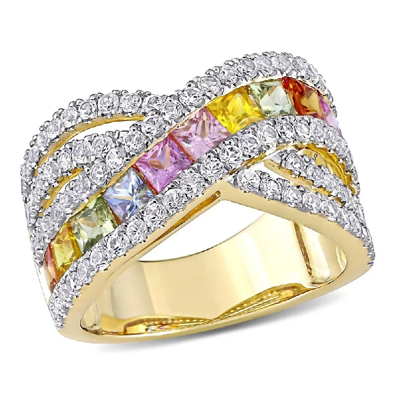 heart-shaped rings for women -Square-Cut Multi-Color Sapphire Crossover Ring in 14k Yellow Gold by Miadora