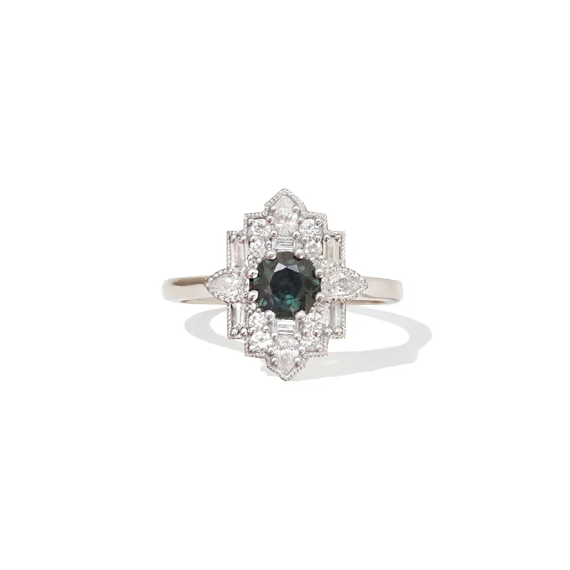 fashion rings for women -Teal Sapphire Deco Round Cut Diamond Mosaic Ring