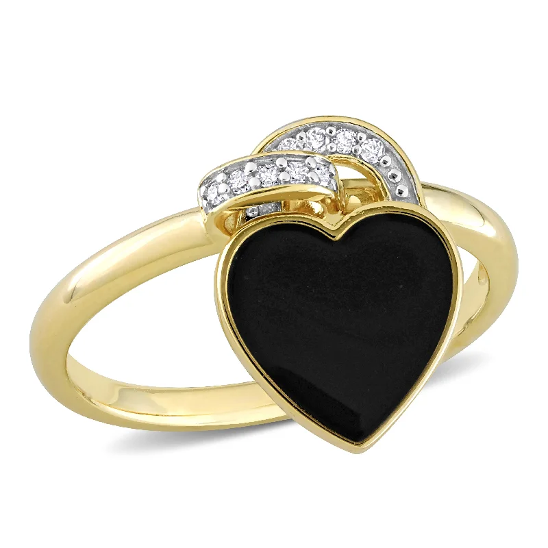 wedding bands for women -Miadora Diamond Accent Black Enamel Heart Ring in Yellow Silver