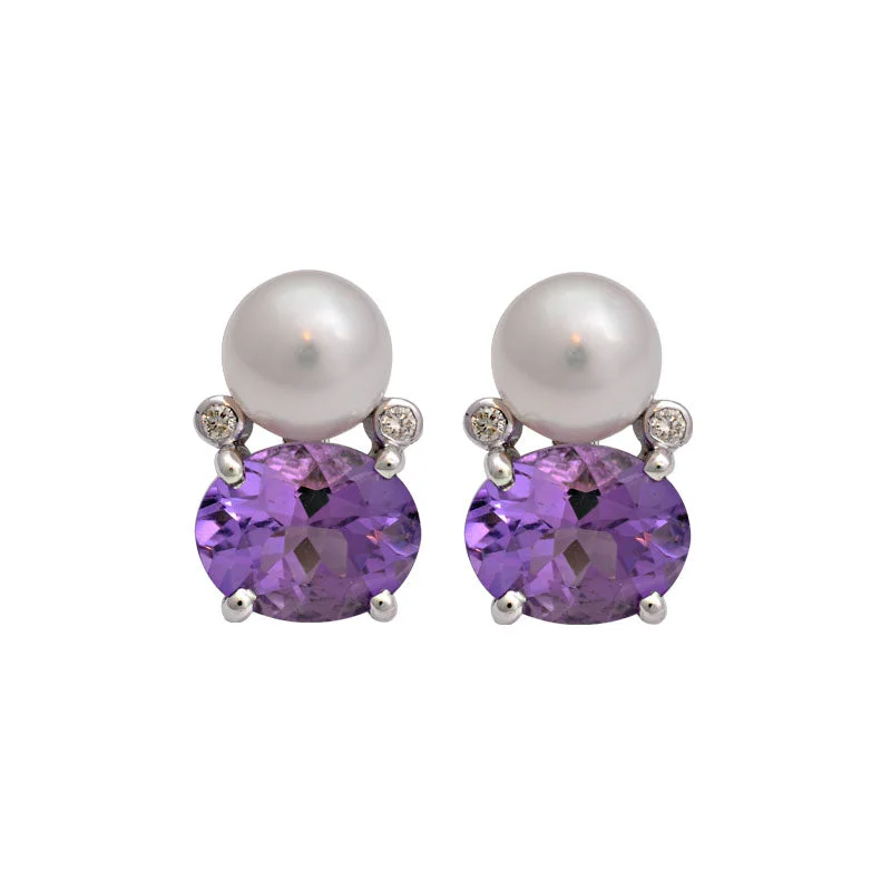 moonstone earrings for women -Earrings-Amethyst, South Sea Pearl and Diamond