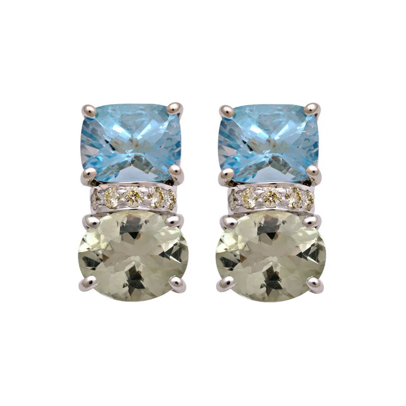 boho earrings for women -Earrings-Green Quartz, Blue Topaz and Diamond