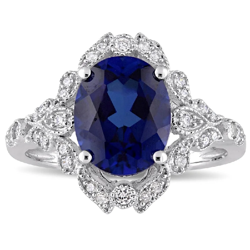 gold plated rings for women -Miadora 10k White Gold Created Blue Sapphire and 1/5ct TDW Diamond Vintage Halo Cocktail Ring