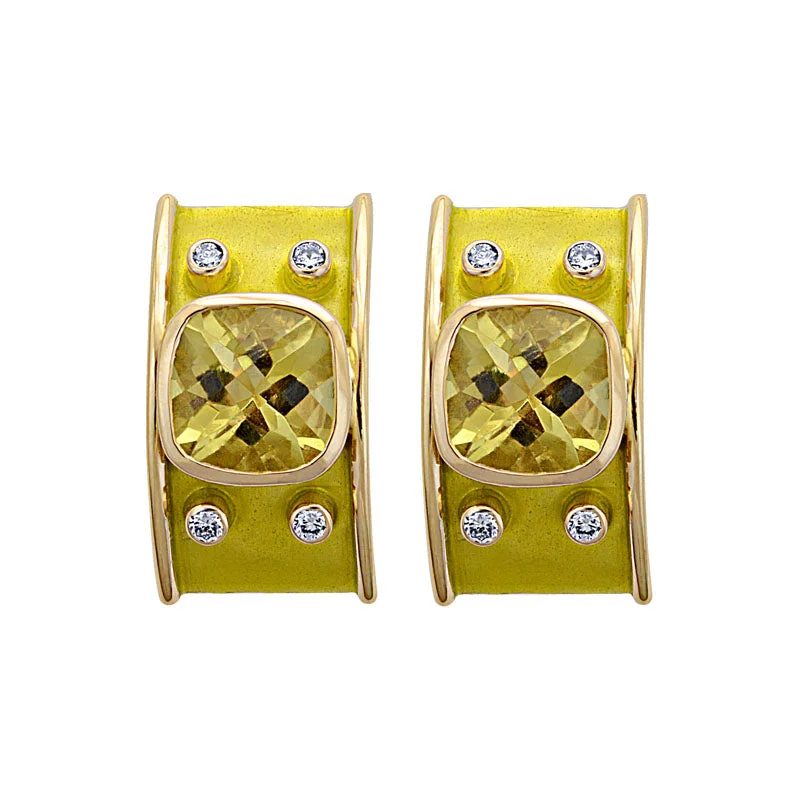 colored gemstone earrings for women -Earrings-Lemon Quartz and Diamond (Enamel)