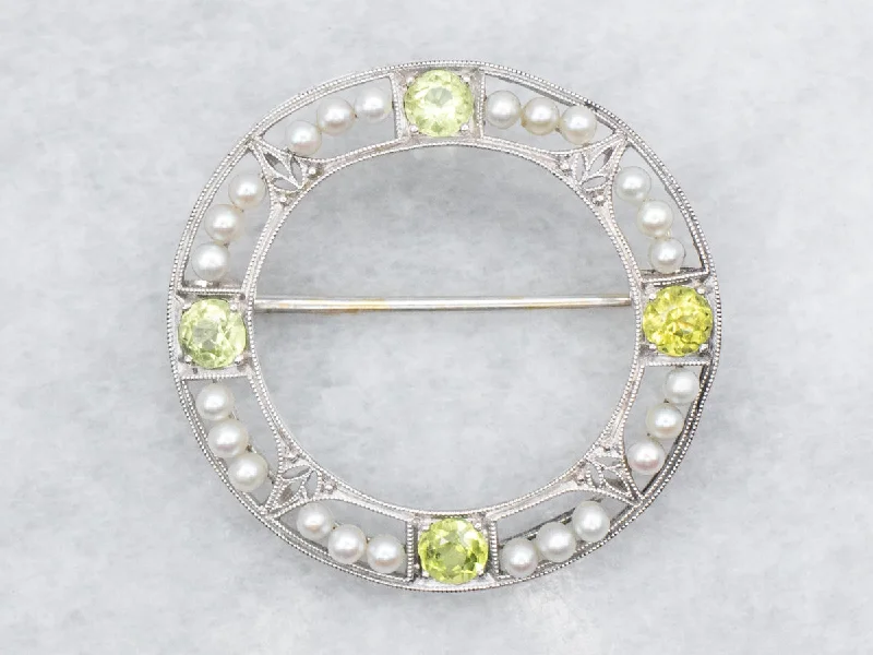 wedding brooches for bridesmaids -Peridot and Seed Pearl Round Brooch