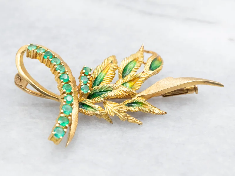 crystal brooches for women -Brushed Gold Green Onyx and Enamel Brooch