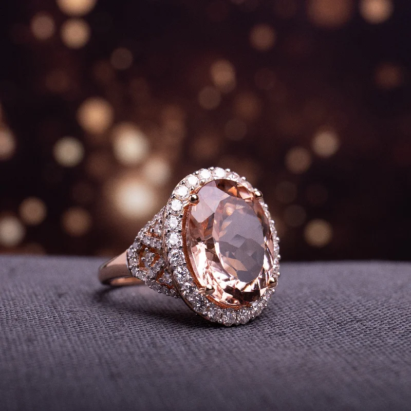 rose gold rings for women -Miadora Signature Collection 14k Rose Gold Oval-Cut Morganite and 1 2/5ct TDW Diamond Halo Cocktail Ring (G-H, SI1-SI2)