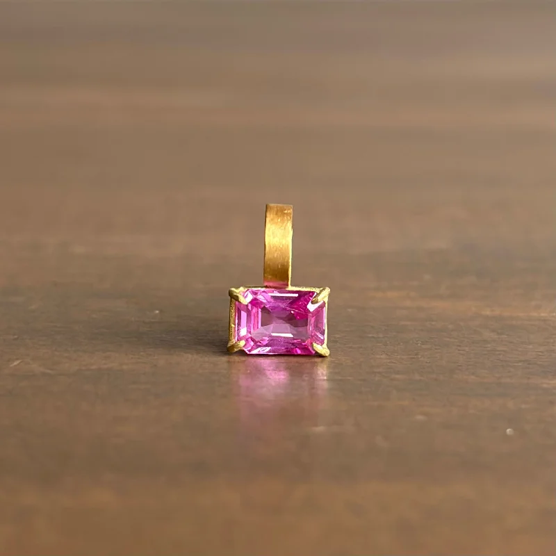 boho chic necklaces for women -Petite Emerald Cut Pink Sapphire Pendant