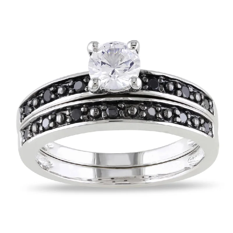 promise rings for women -Miadora Sterling Silver Created White Sapphire and 1/5ct TDW Black Diamond Bridal Ring Set