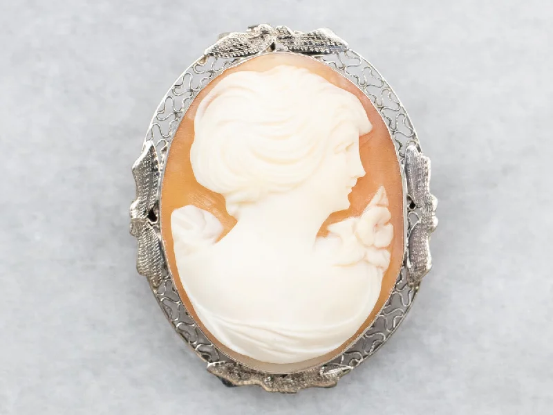 crystal brooches for dresses -White Gold Oval Cut Cameo Brooch or Pendant