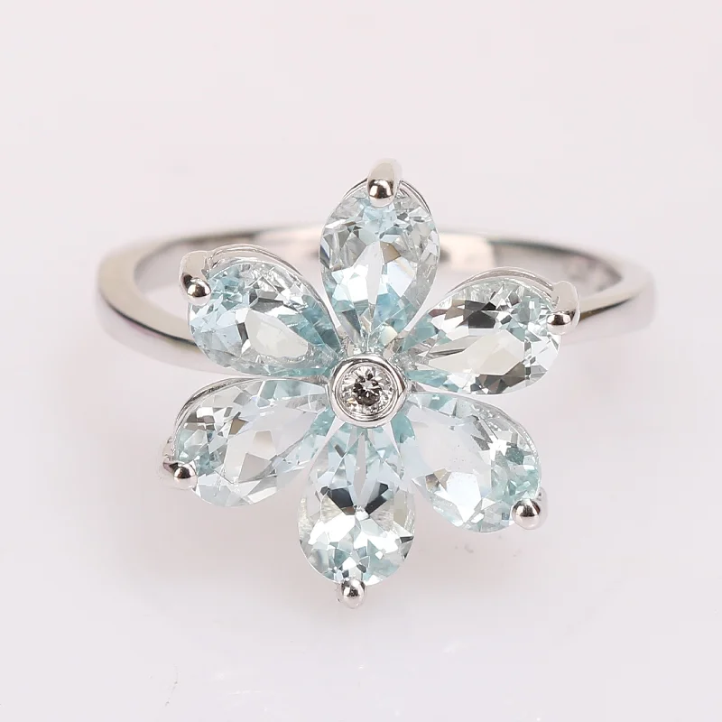 pearl rings for women -Miadora 14k White Gold Pear-cut Aquamarine and Diamond Accent Flower Ring