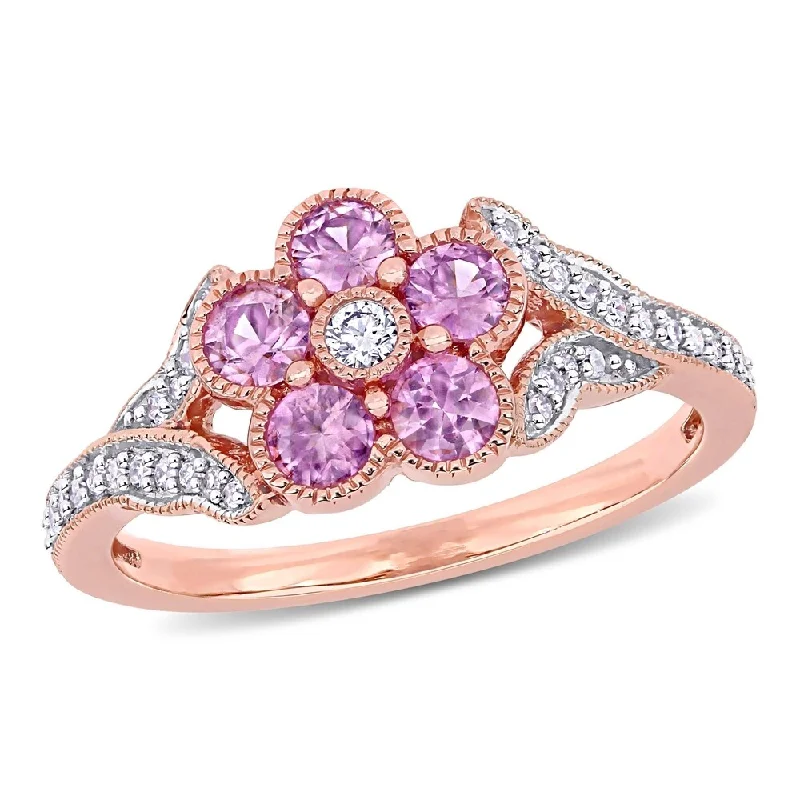 gold wedding bands for women -Miadora 10k Rose Gold Pink Sapphire and 1/6ct TDW Diamond Split Shank Flower Ring