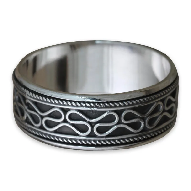 wedding bands with diamonds -Handmade Men's Sterling Silver 'Rolling Waves' Ring (Indonesia)