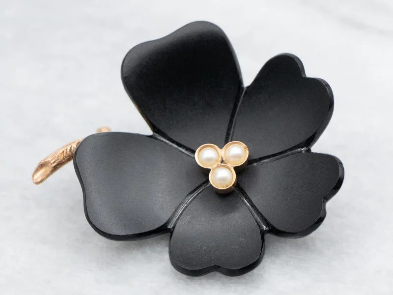 designer floral brooches -Black Onyx Flower Brooch with Pearl Accents