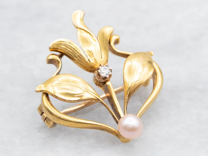 antique floral brooches -Vintage Botanical Diamond and Pearl Brooch