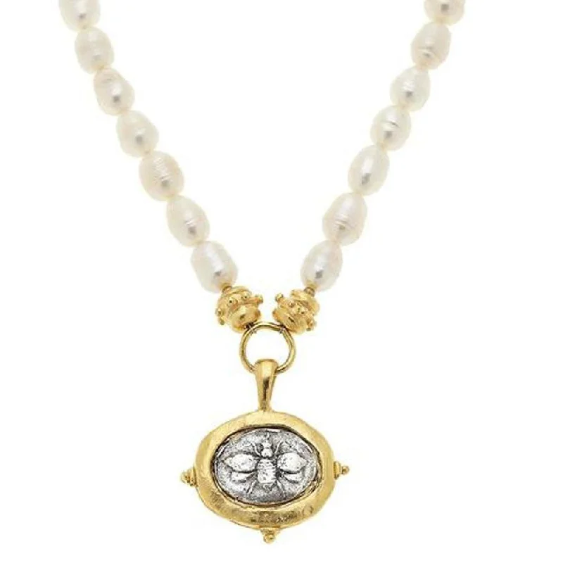 engagement necklaces for women -Oval Bee Pendant Necklace on Pearls