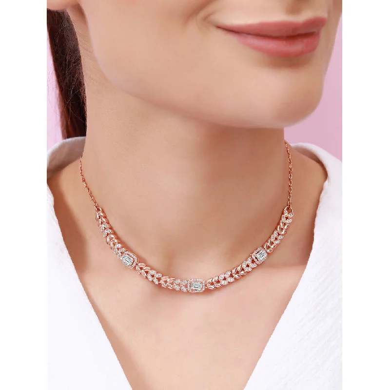 personalized initial necklaces -Elegant CZ Leaf Rose Gold Plated 925 Sterling Silver Necklace