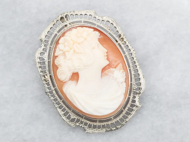 chic brooches for women -White Gold Filigree Cameo Brooch or Pendant