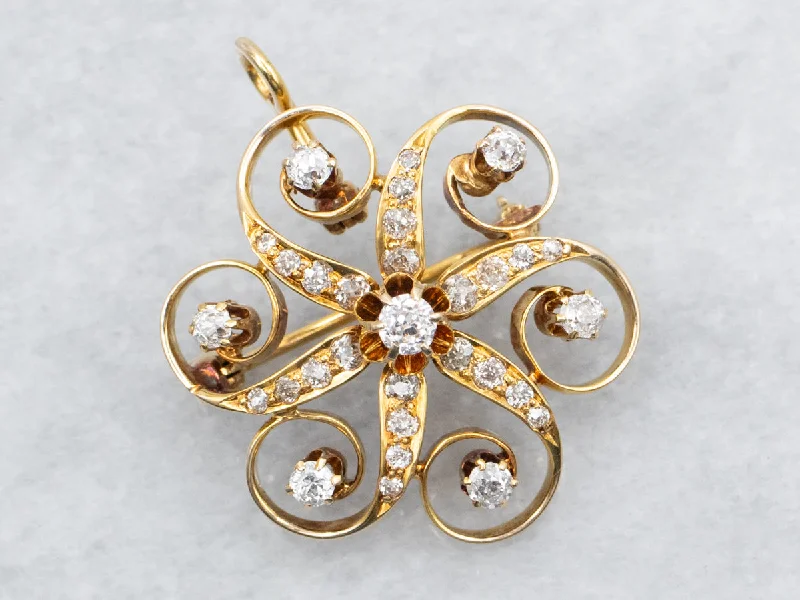 wedding dress brooches -Yellow Gold Old Mine Cut Diamond Pinwheel Brooch or Pendant