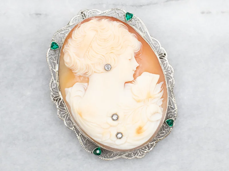 luxury pearl brooches -Art Deco Diamond and Green Doublet Cameo Brooch or Pendant