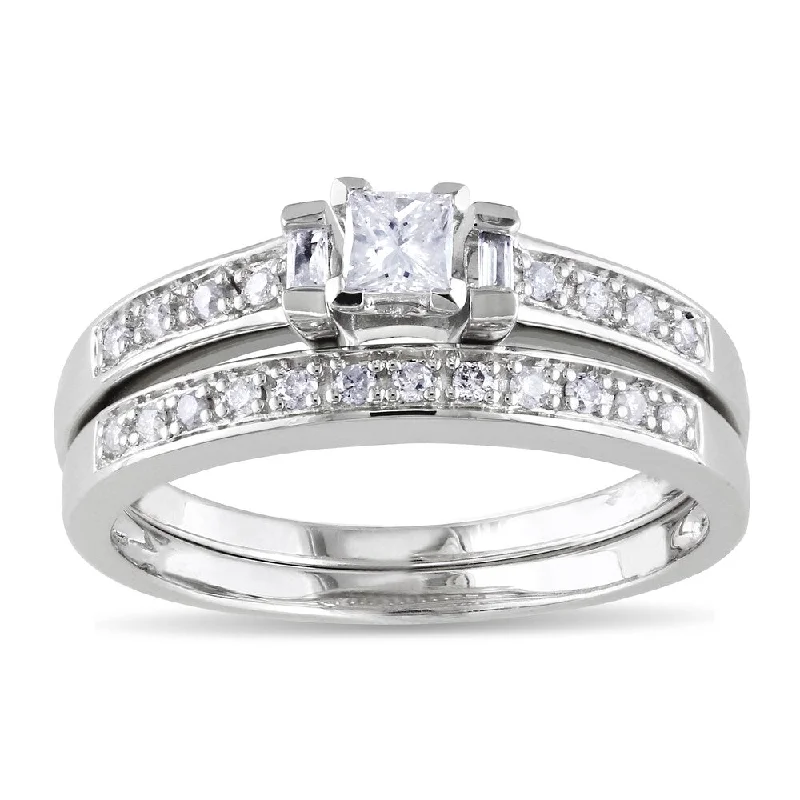 wedding bands for women -Miadora Sterling Silver 1/3ct TDW Princess, Baguette and Round-cut Diamond Bridal Ring Set