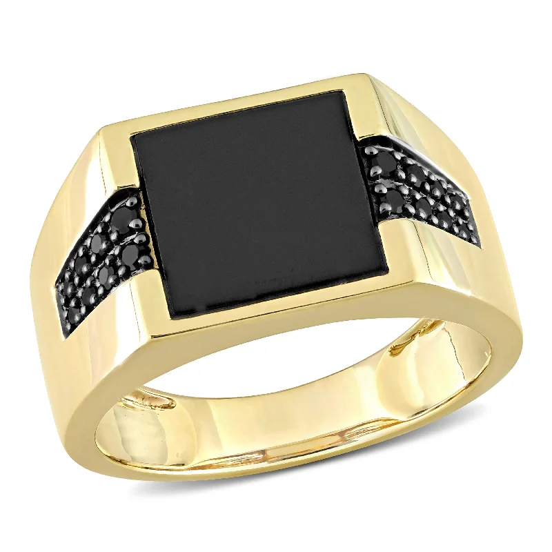 fashion rings for women -Miadora 8 CT TGW Black Onyx and 1/6 Ct TW Black Diamond Mens Ring in 10k Yellow Gold