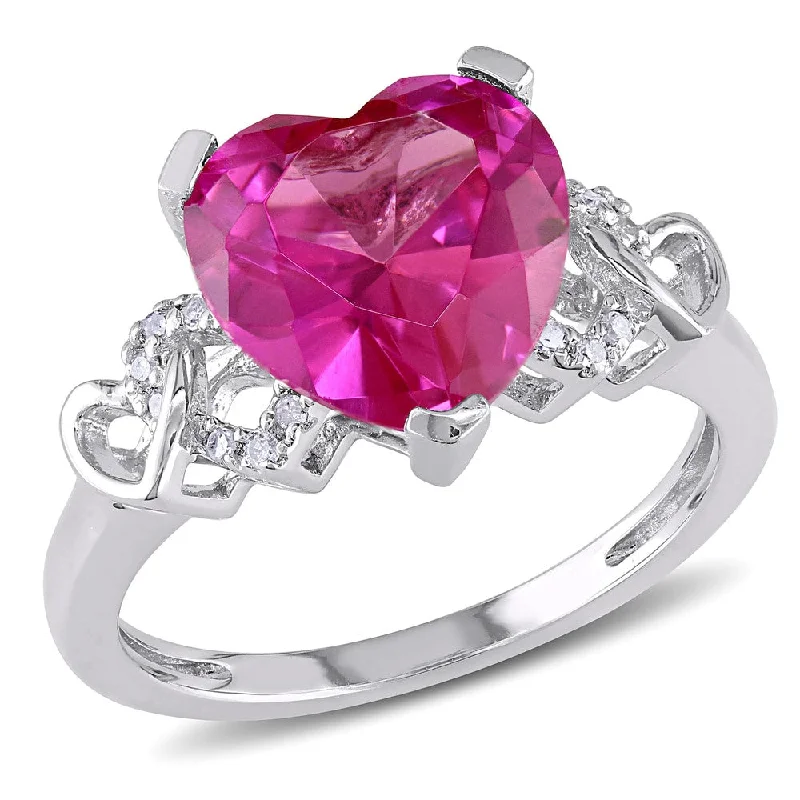 engagement rings for women -Miadora Sterling Silver Created Pink Sapphire and Diamond Accent Heart Ring