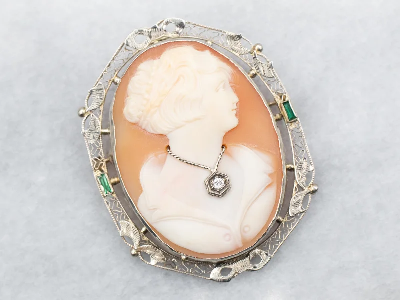 wedding veil brooches -White Gold Cameo, Diamond, and Green Glass Brooch or Pendant