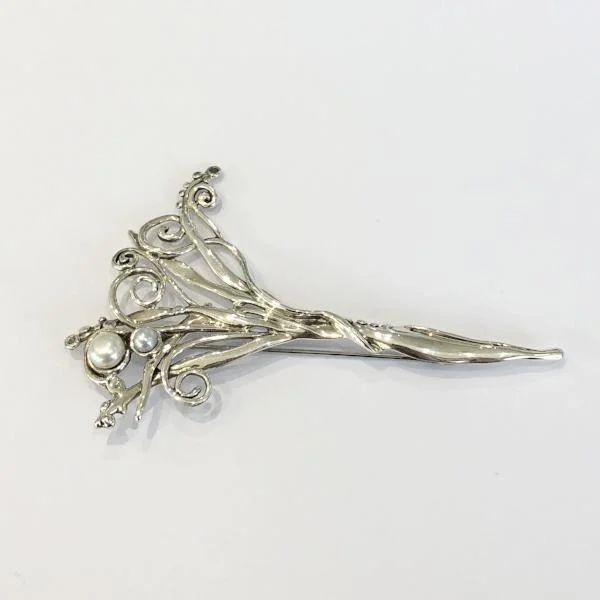 custom flower brooches -Sterling Silver Pearl Brooch H409