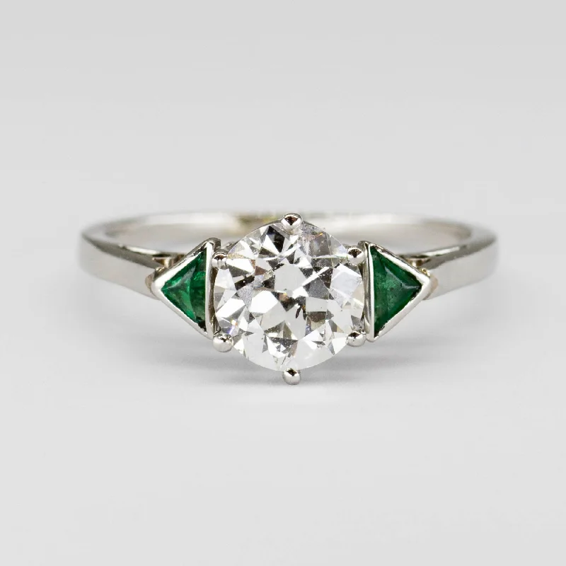 Art Deco Old European and Emerald Platinum Ring | SZ 6.5 | 1.12 ct SI1 F