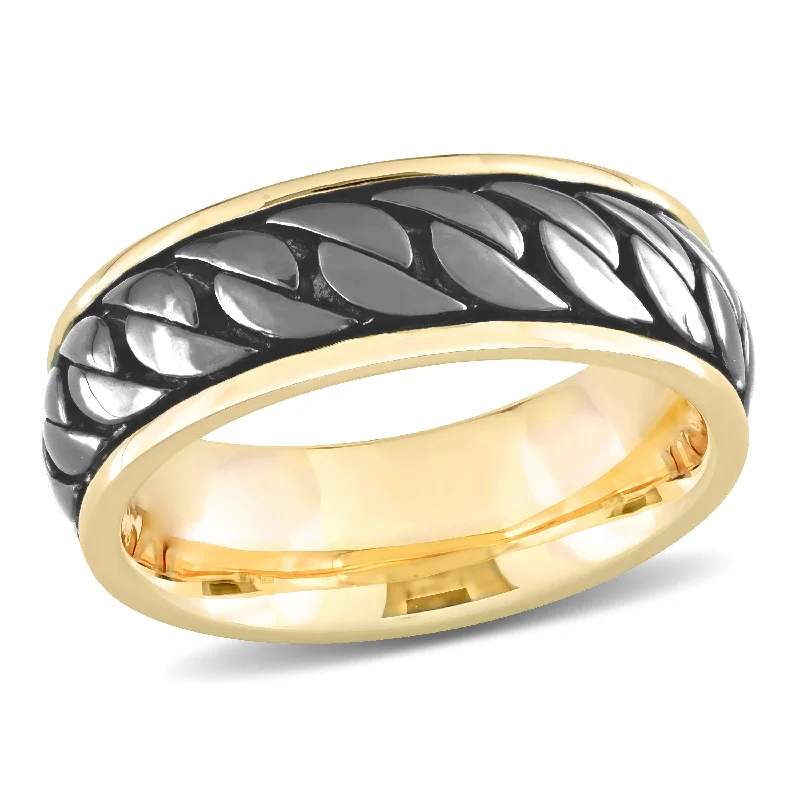 wedding rings for women -Miadora Ribbed Design Mens Ring in Yellow Silver with Black Rhodium Plating