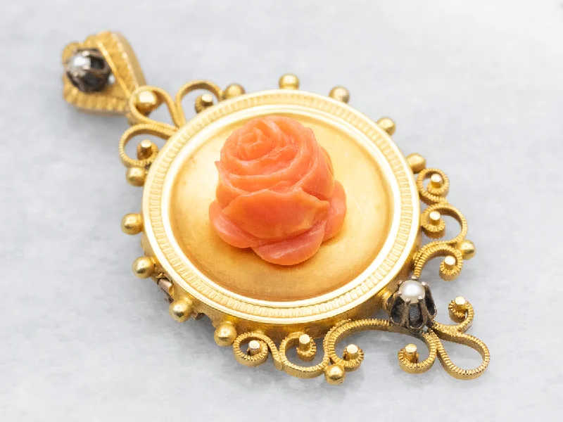 luxury brooches for evening wear -Etruscan Revival Coral Rose and Seed Pearl Pendant or Brooch