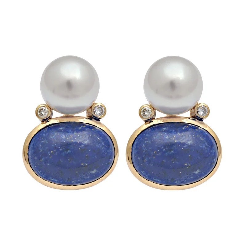 adjustable earrings for women -Earrings-Lapis Lazuli, South Sea Pearl and Diamond