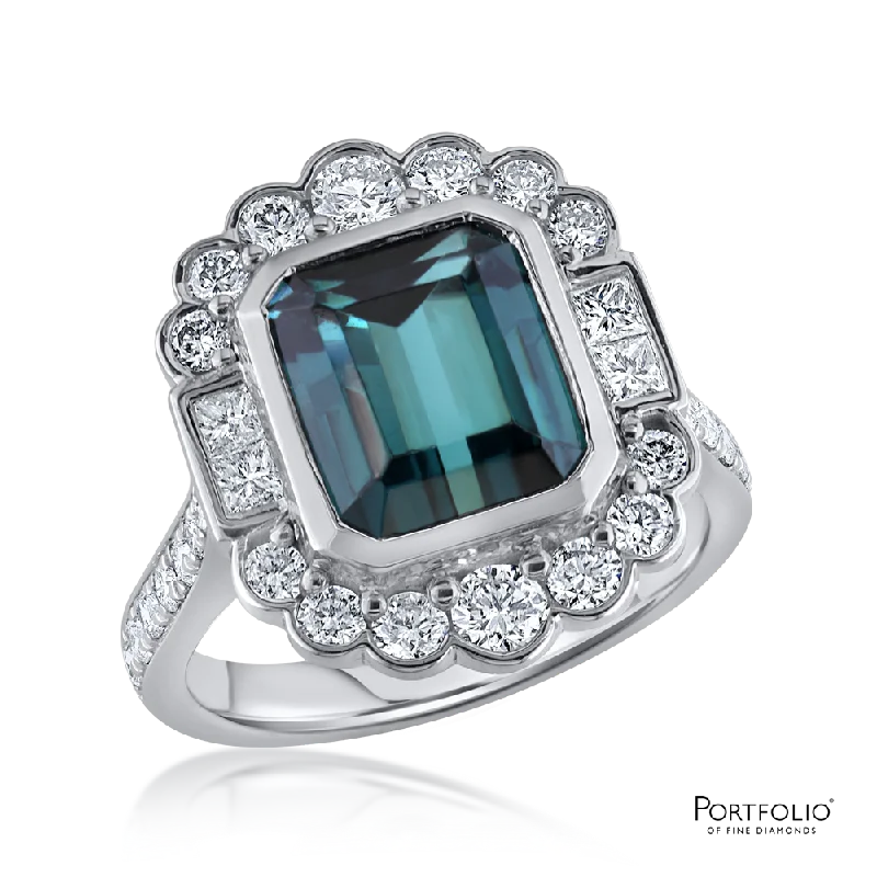 Cluster 0.84ct Teal Tourmaline Platinum Ring