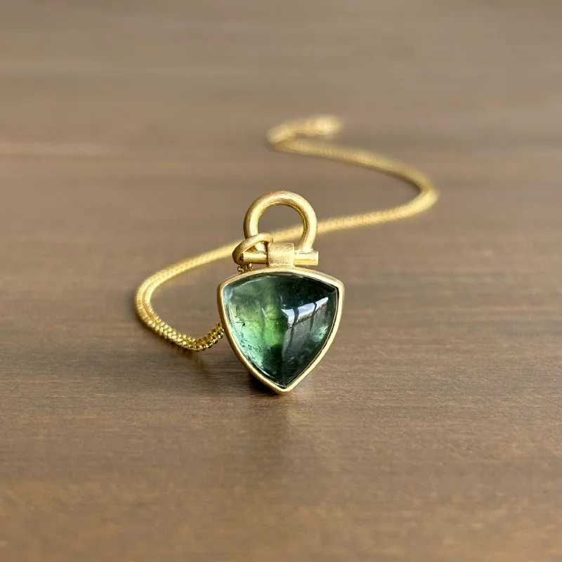 charm necklaces for women -Green Triangle Tourmaline Cabochon Pendant