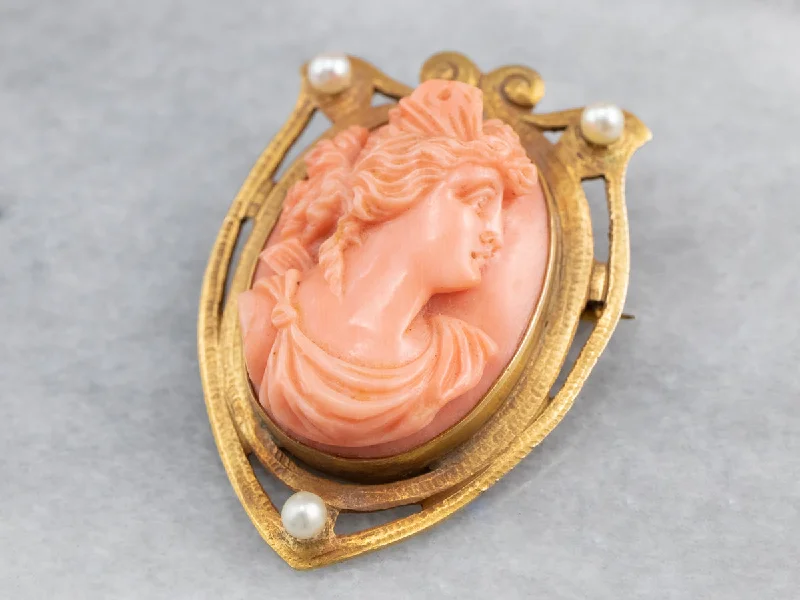 elegant pin brooches -Art Nouveau Coral Cameo Gold Brooch Pendant