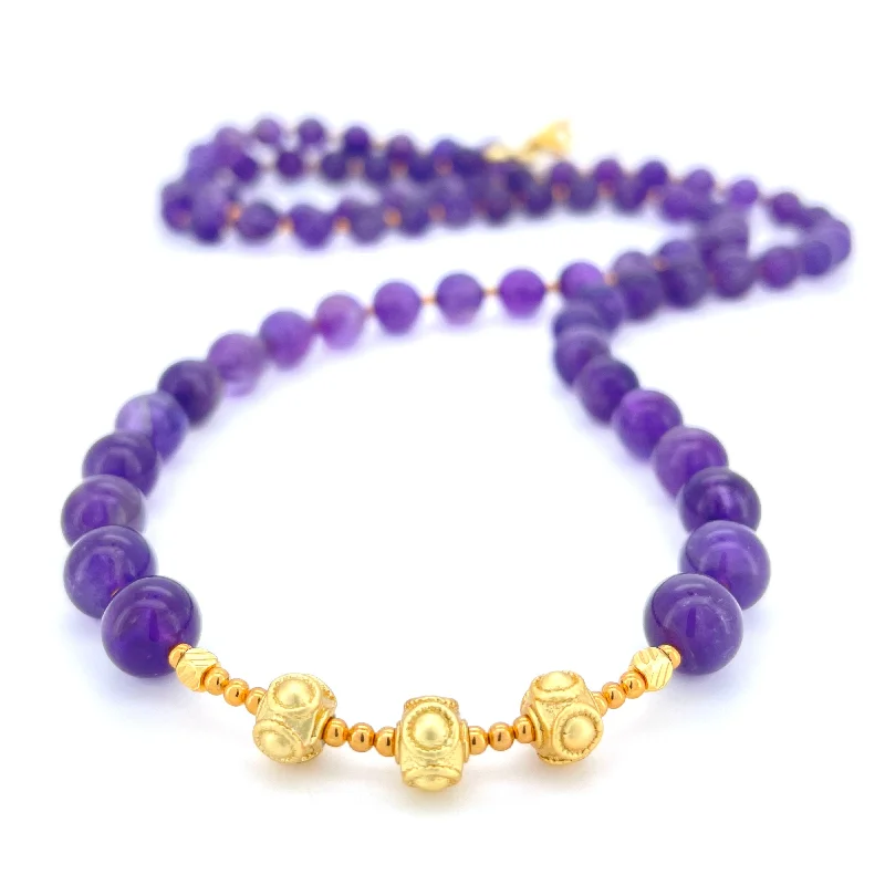 crystal pendant necklaces for women -LONG Amethyst & Gold BEADED NECKLACE