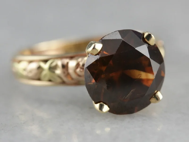 Brown Zircon in Vintage Tri Color Gold Ring